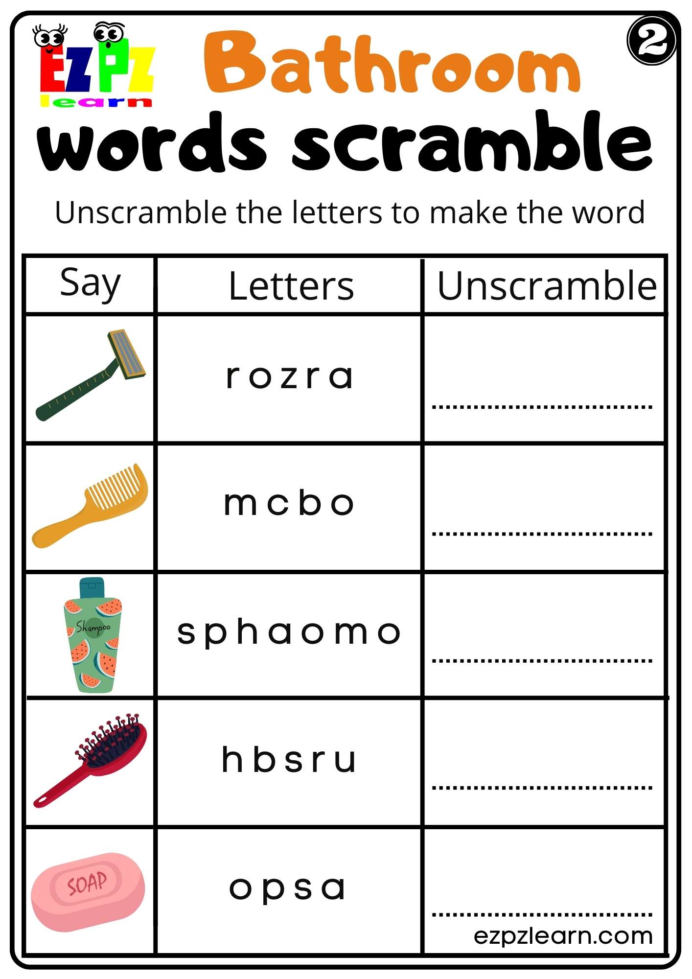 Bathroom Words Scramble Worksheet for ESL and K5 Kids PDF Download Set 2